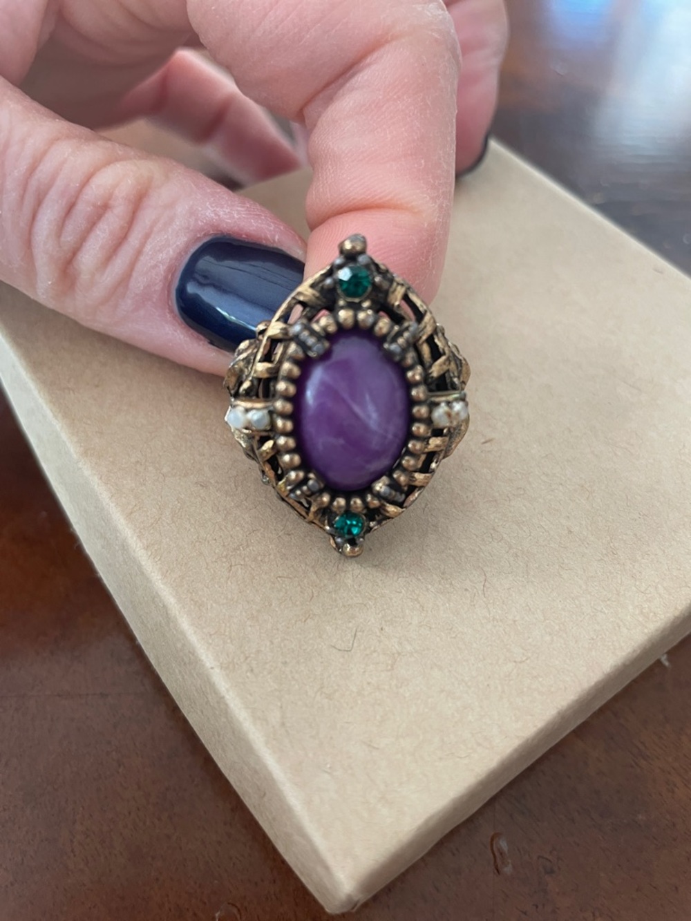 Vintage Purple Stone Statement Ring with Green Accents Adjustable Estate Piece